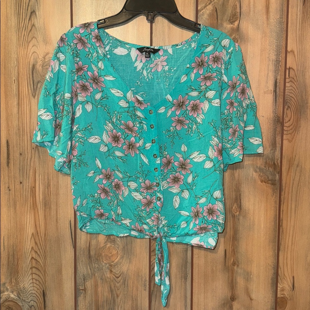 Teal Floral Tie-Front Blouse